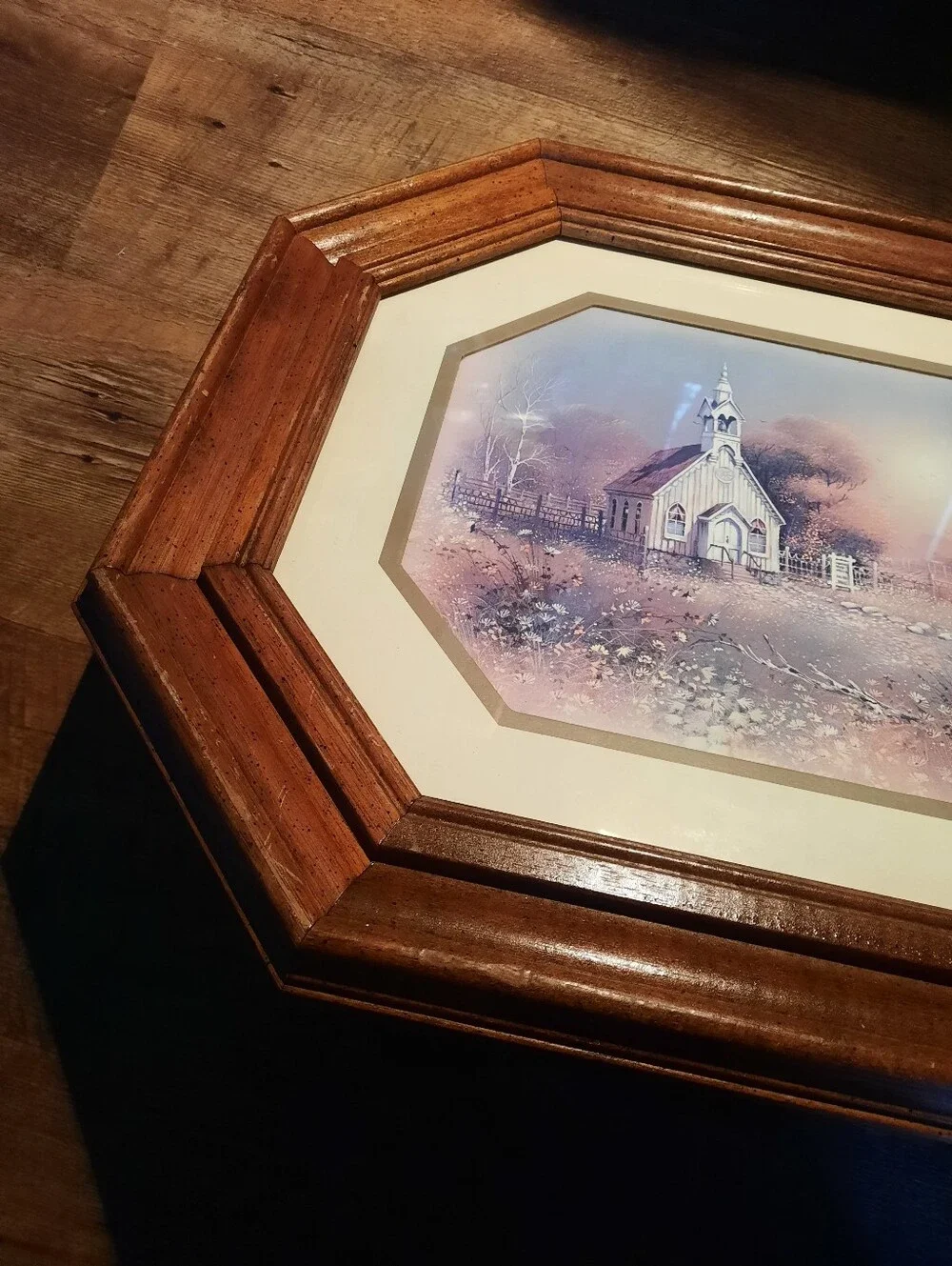 Vintage Framed Homeco Pastel Chapel Print in Brown Octagonal Frame
